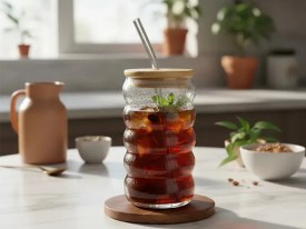 Vaso vidrio ondulado tapa madera y sorbete vidrio